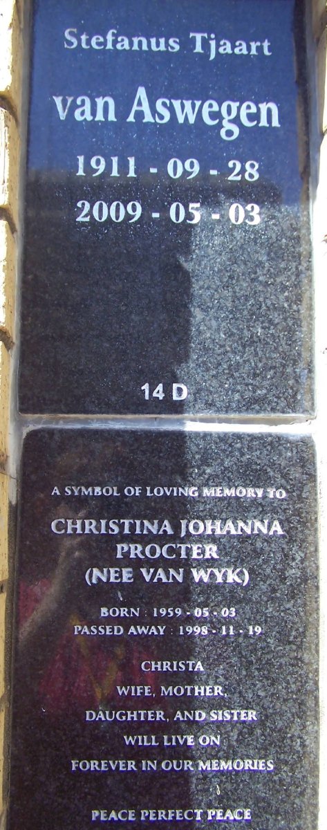 ASWEGEN Stefanus Tjaart, van 1911-2009 ::  PROCTER Christina Johanna nee VAN WYK 1959-1998