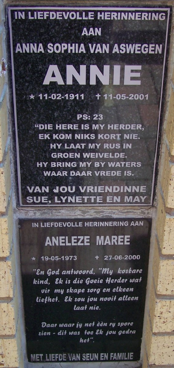 ASWEGEN Anna Sophia, van 1911-2001 ::  MAREE Aneleze 1973-2000