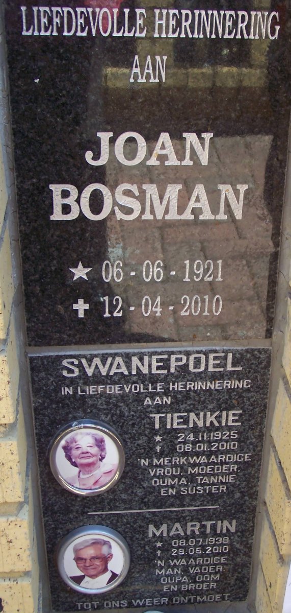 BOSMAN Joan 1921-2010 :: SWANEPOEL Martin 1938-2010 &amp; Tienkie 1925-2010