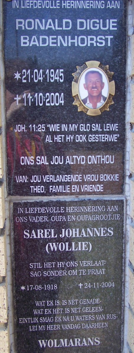 BADENHORST Ronald Digue 1945-2004 :: WOLMARANS Sarel Johannes 1918-2004