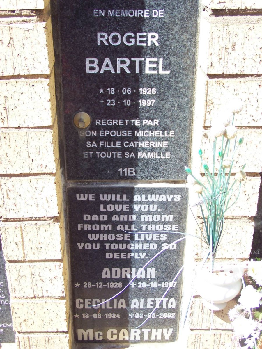 BARTEL Roger 1926-1997 :: MCCARTHY Adrian 1926-19?7 &amp; Cecilia Aletta 1934-2002