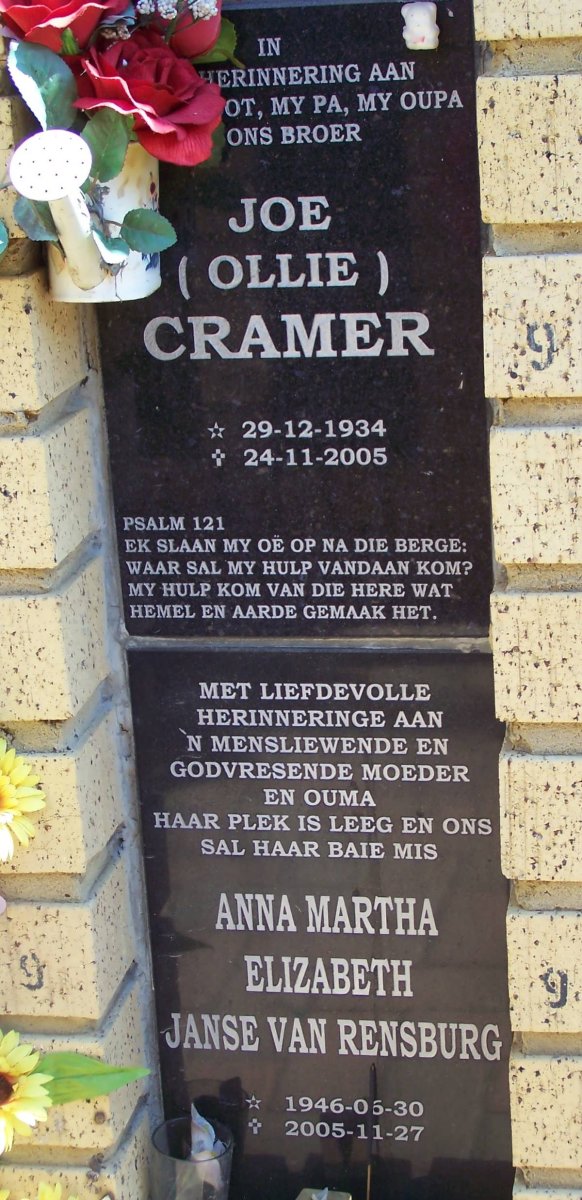 CRAMER Joe 1934-2005 :: JANSE VAN RENSBURG Anna Martha Elizabeth 1946-2005