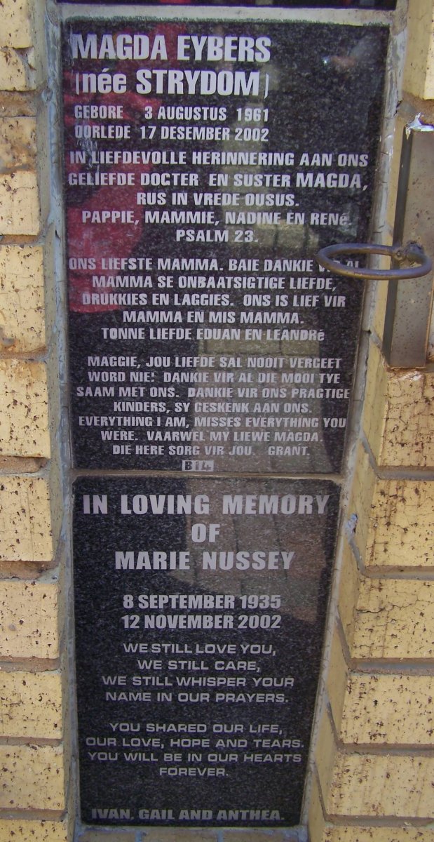 EYBERS Magda nee STRYDOM 1961-2002 :: NUSSEY Marie 1935-2002