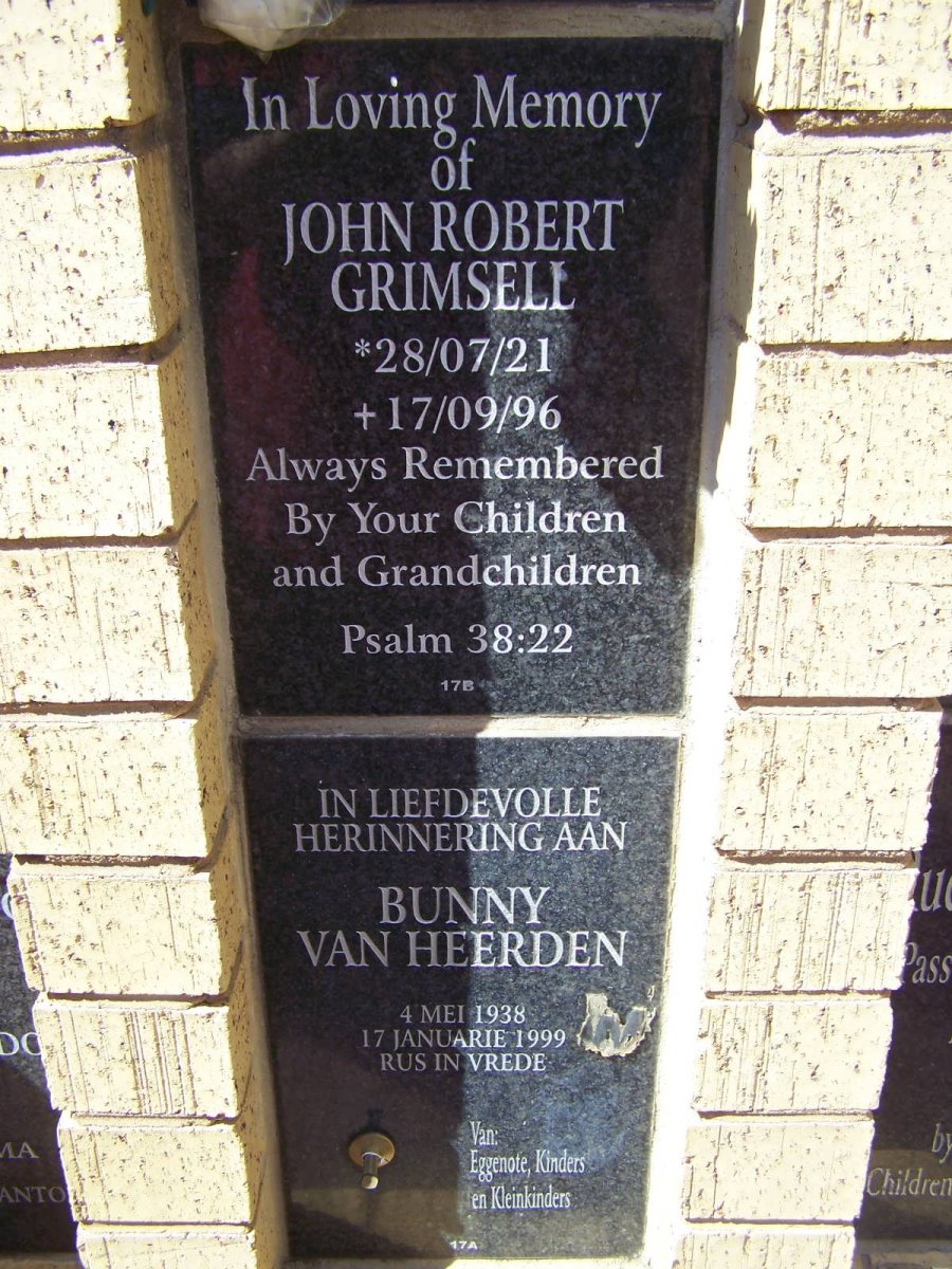 GRIMSELL John Robert 1921-1996 :: VAN HEERDEN Bunny 1938-1999