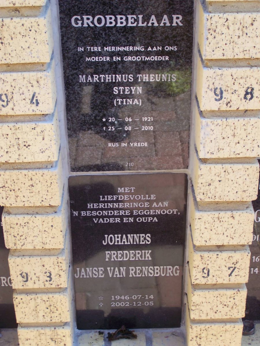 GROBBELAAR Marthinus Theunis Steyn 1921-2010 :: JANSE VAN RENSBURG Johannes Frederik 1946-2002