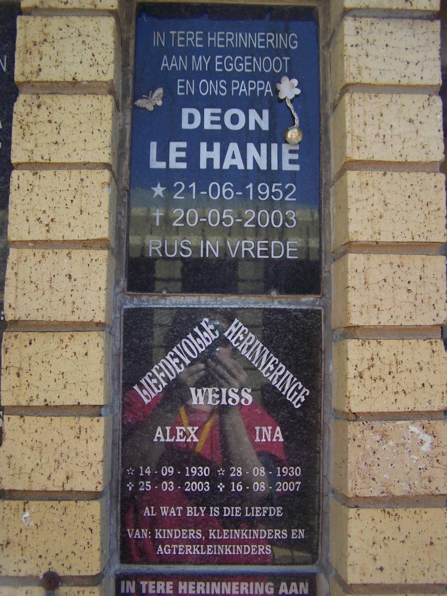 HANIE Deon, le 1952-2003 :: WEISS Alex 1930-2003 &amp; Ina 1930-2007
