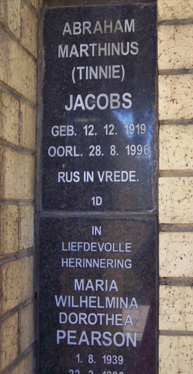 JACOBS Abraham Marthinus 1919-1996 :: PEARSON Maria Wilhelmina Dorothea 1939-19??