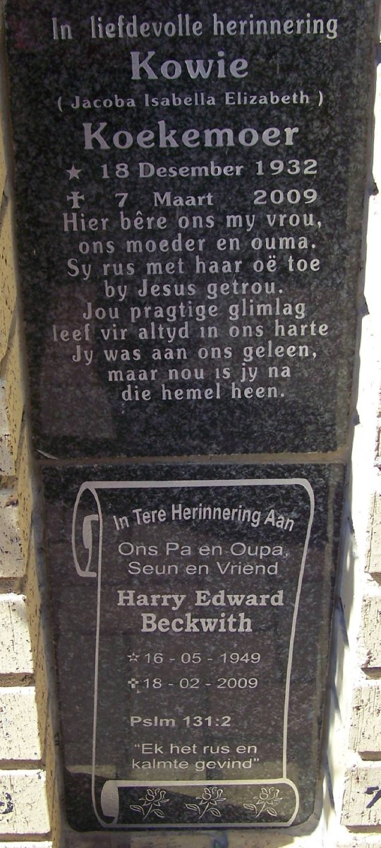 KOEKEMOER Jacoba Isabella Elizabeth 1932-2009 :: BECKWITH Harry Edward 1949-2009