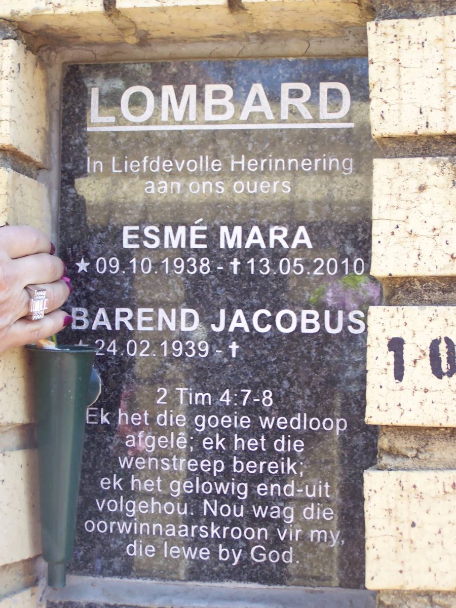 LOMBARD Barend Jacobus 1939- &amp; Esme Mara 1938-2010