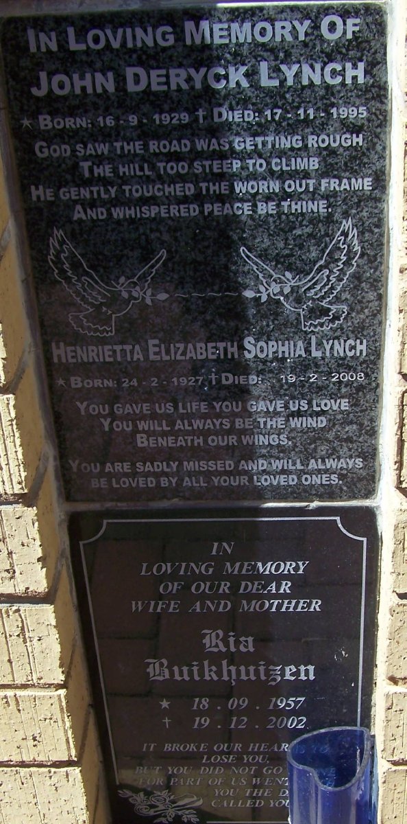 LYNCH John Deryck 1929-1995 &amp; Henrietta Elizabeth Sophia 1927-2000 :: BUIKHUIZEN Ria 1957-2002