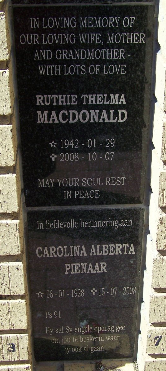 MACDONALD Ruthie Thelma 1942-2008 :: PIENAAR Carolina Alberta 1928-2008