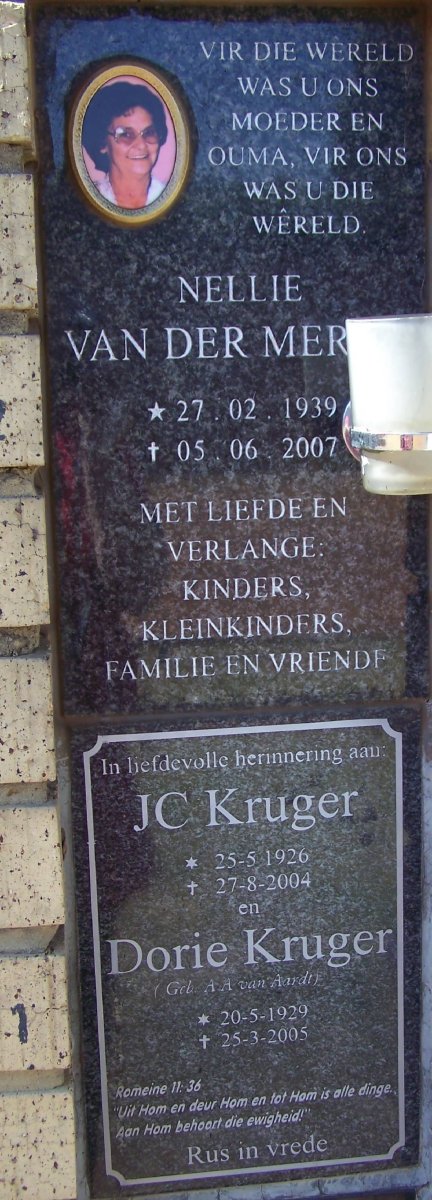 MERWE Nellie, van der 1939-2007 :: KRUGER J.C. 1926-2004 &amp; Dorie 1929-2005
