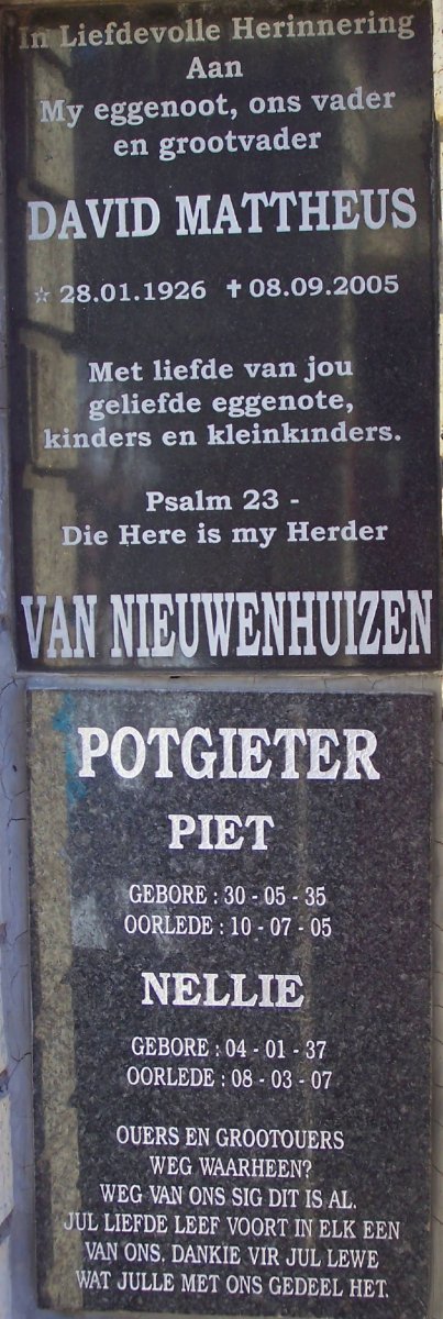 NIEUWENHUIZEN David Mattheus, van 1926-2005 :: POTGIETER Piet 1935-2005 &amp; Nellie 1037-2007