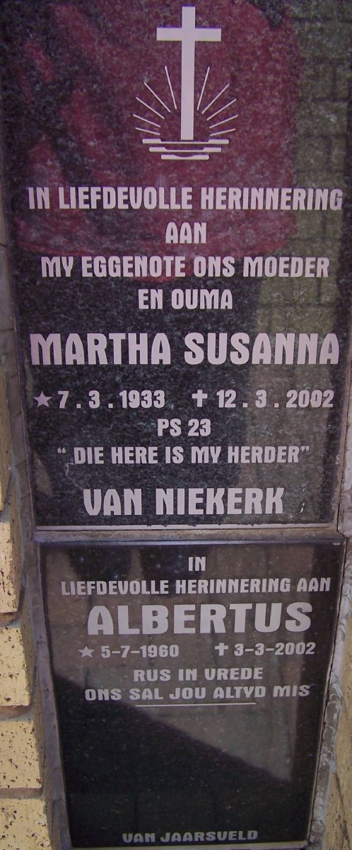 NIEKERK Martha Susanna, van 1933-2002 :: VAN JAARSVELD Albertus 1960-2002