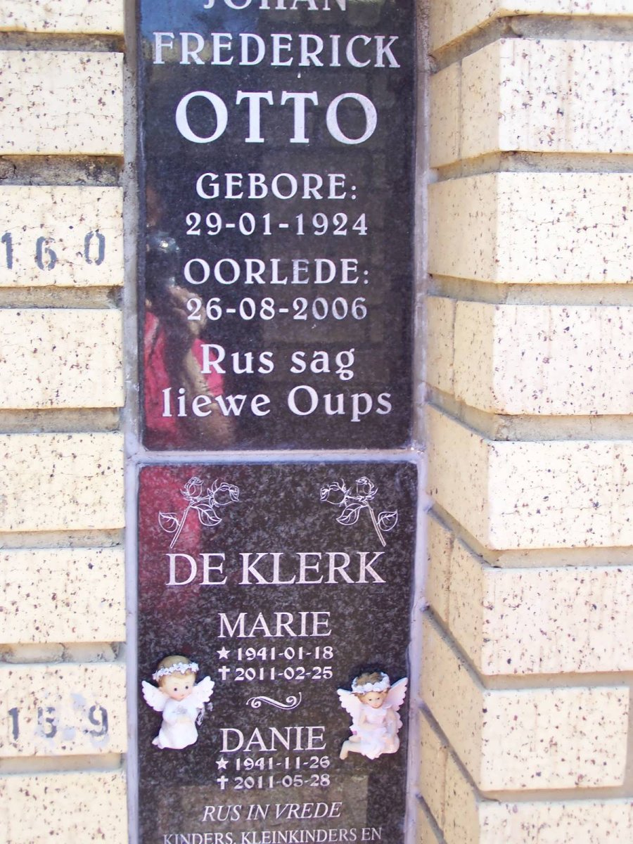 OTTO Johan Frederick 1924-2006 :: DE KLERK Danie 1941-2011 &amp; Marie 1941-2011