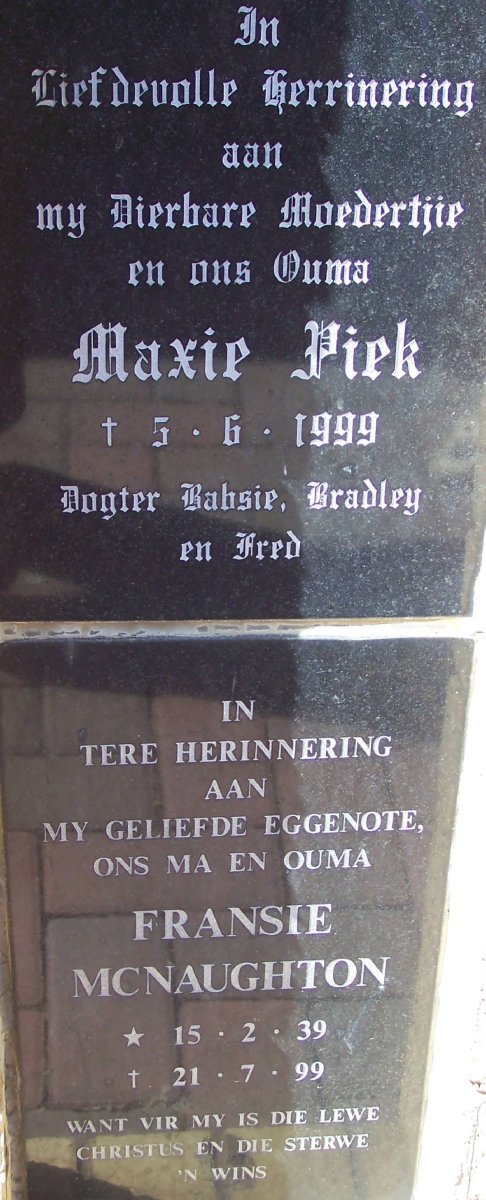PIEK Maxie -1999 :: MCNAUGHTON Fransie 1939-1999