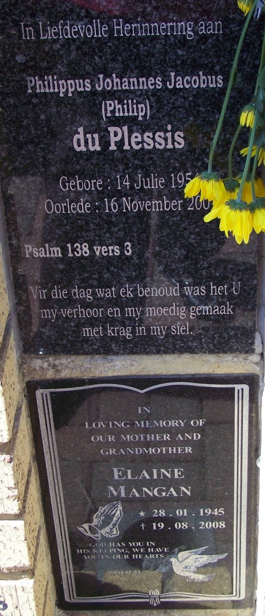 PLESSIS Phillippus Johannes Jacobus, du 195?-200? :: MANGAN Elaine 1945-2008