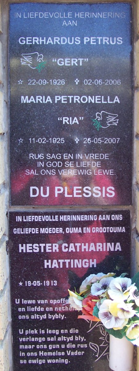 PLESSIS Gerhardus Petrus, du 1926-2006 :: HATTINGH Hester Catharina 1913-