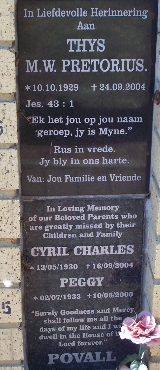 PRETORIUS M.W. 1929-2004 :: POVALL Cyrill Charles 1930-2004 &amp; Peggy 1933-2000