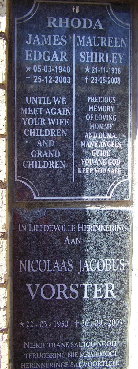RHODA James Edgar 1940-2003 &amp; Maureen Shirley 1938-2008 :: VORSTER Nicolaas Jacobus 1950-2003