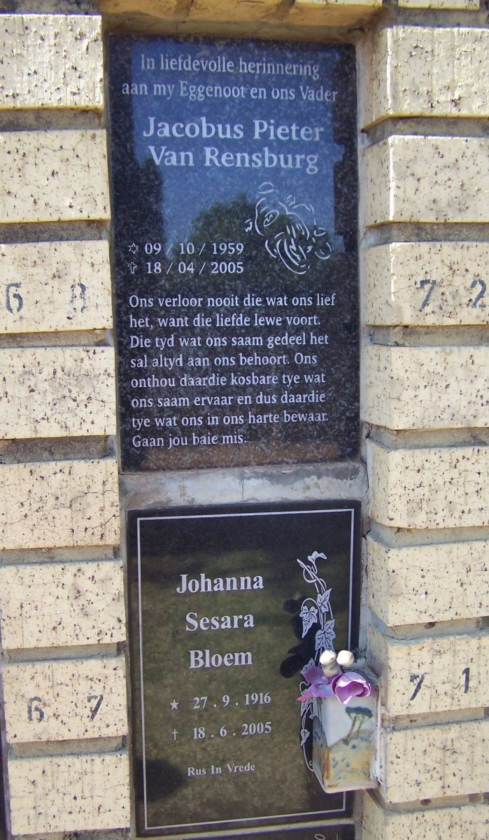 RENSBURG Jacobus Pieter, van 1959-2005 :: BLOEM Johanna Sesara 1916-2005