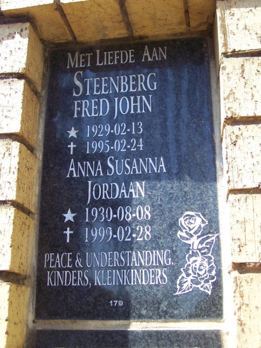 STEENBERG Fred John 1929-1995 &amp; Anna Susanna Jordaan 1930-1999