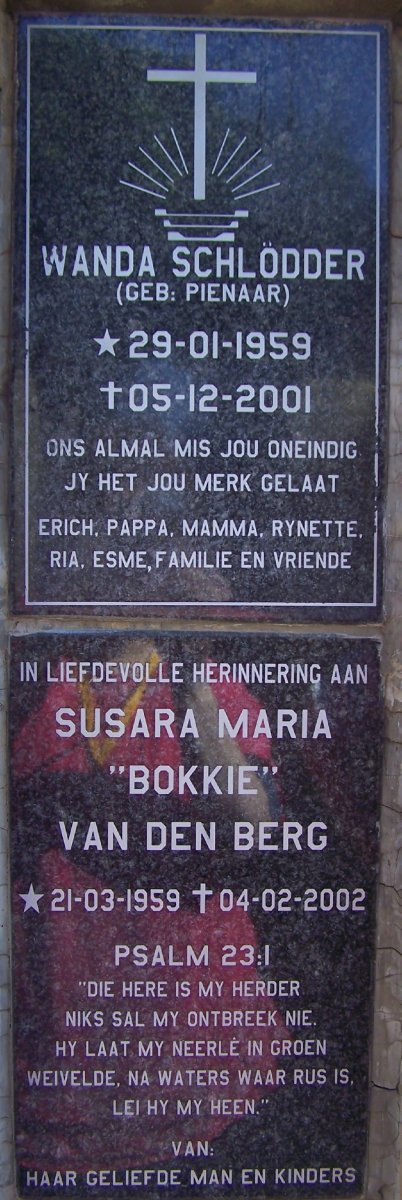 SCHLODDER Wanda nee PIENAAR 1959-2001 :: VAN DEN BERG Susara Maria 1959-2002
