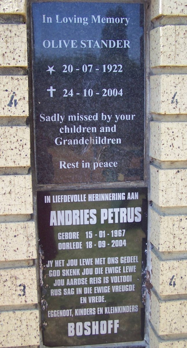 STANDER Olive Stander 1922-2004 :: BOSHOFF Andries Petrus 1967-2004