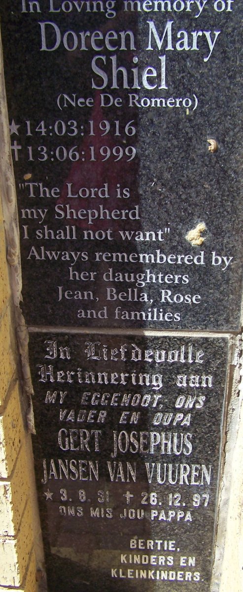 SHIEL Doreen Mary nee DE ROMERO 1916-1999 :: JANSEN VAN VUUREN Gert Josephus 1931-1997
