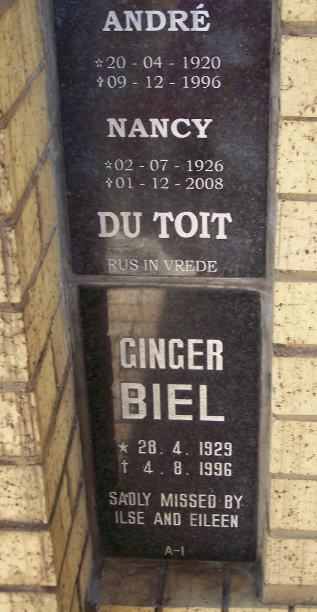 TOIT Andre, du 1920-1996 &amp; Nancy 1926-2008 ::  BIEL Ginger 1929-1996