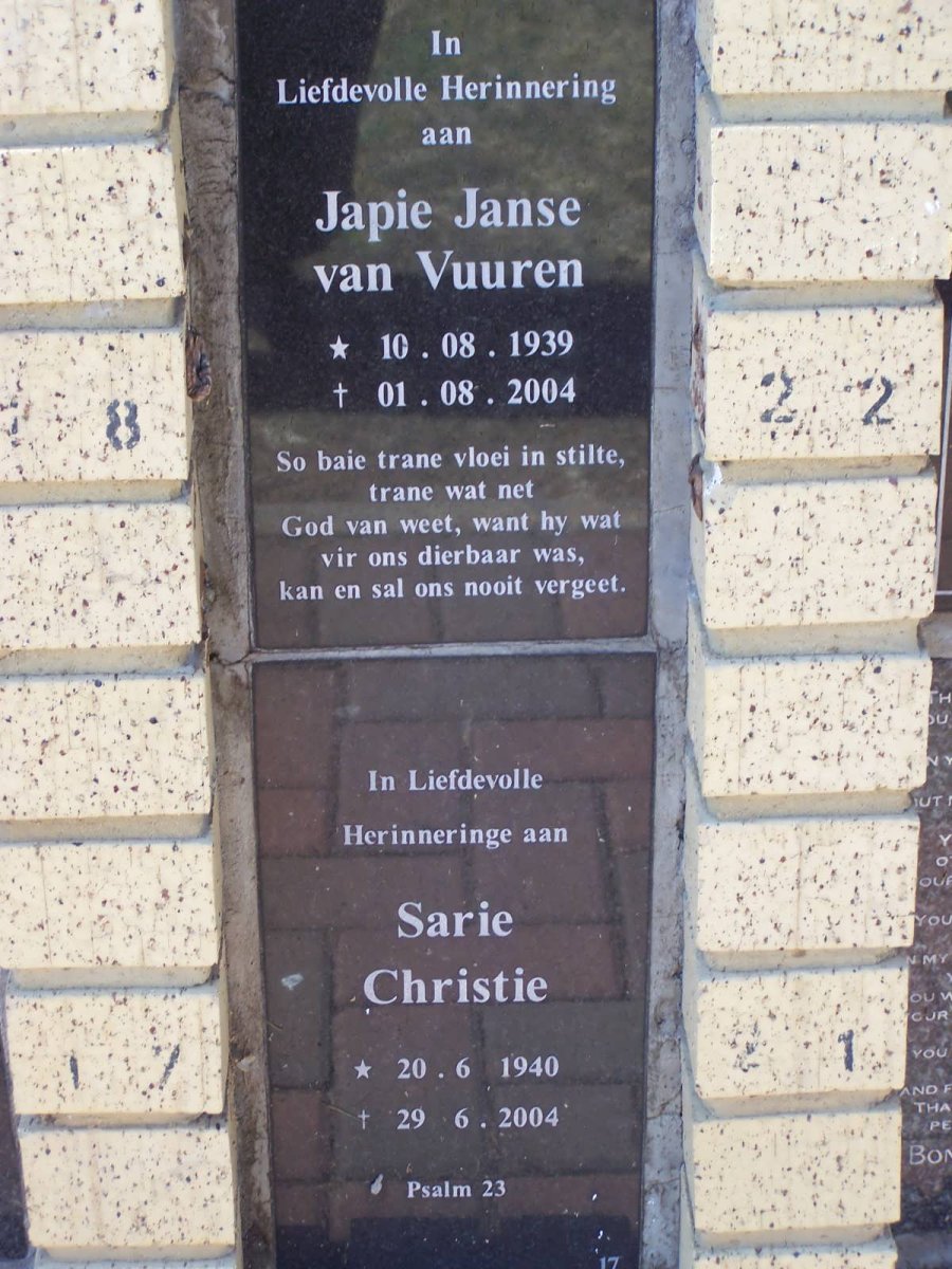 VUUREN Japie, van 1939-2004 :: CHRISTIE Sarie 1940-2004