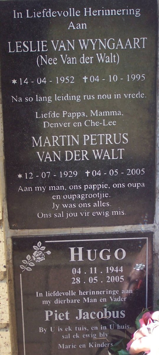 WYNGAARDT Martin Petrus, van der 192-2005 &amp; Leslie VAN DER WALT 1952-1995 :: HUGO Piet Jacobus 1944-2005