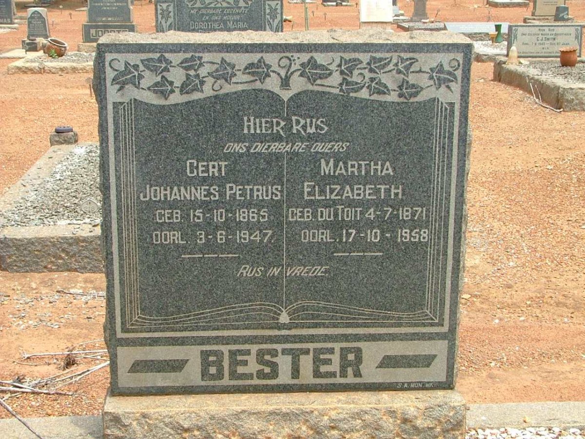 BESTER Gert Johannes Petrus 1865-1947 &amp; Martha Elizabeth DU TOIT 1871-1958