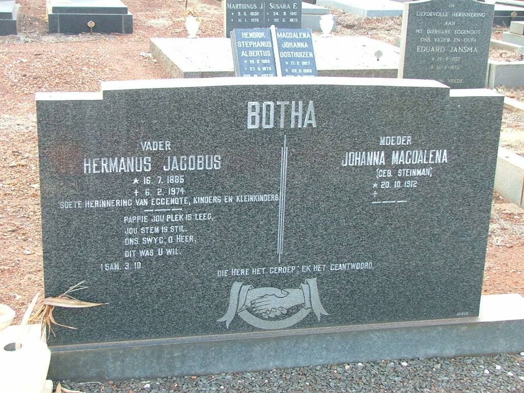 BOTHA Hermanus Jacobus 1885-1974 &amp; Johanna Magdalena STEINMAN 1912-
