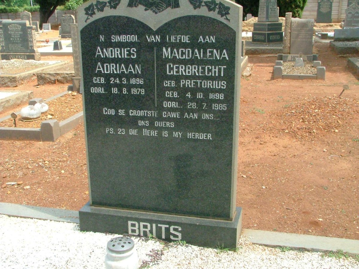 BRITS Andries Adriaan 1896-1979 &amp; Magdalena Gerbrecht PRETORIUS 1898-1985