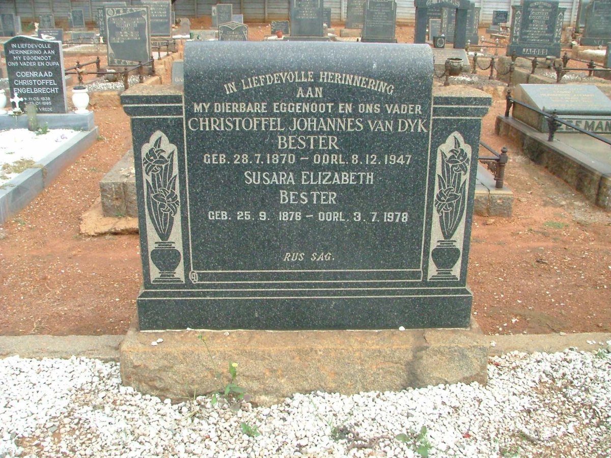 BESTER Christoffel Johannes van Dyk 1870-1947 &amp; Susara Elizabeth 1876-1978