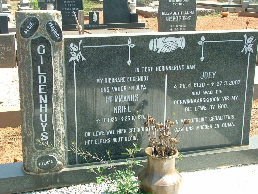 GELDENHUYS Hermanus Kriel 1925-1975 &amp; Joey 1930-2007