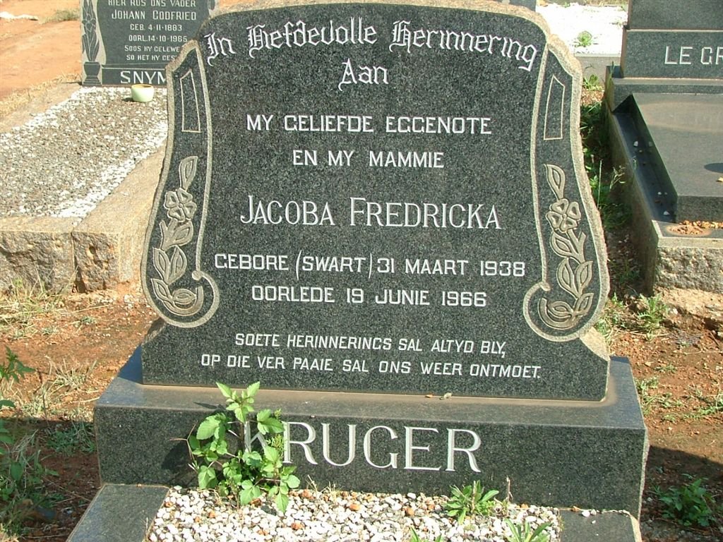 KRUGER Jacoba Fredricka nee SWART 1938-1966