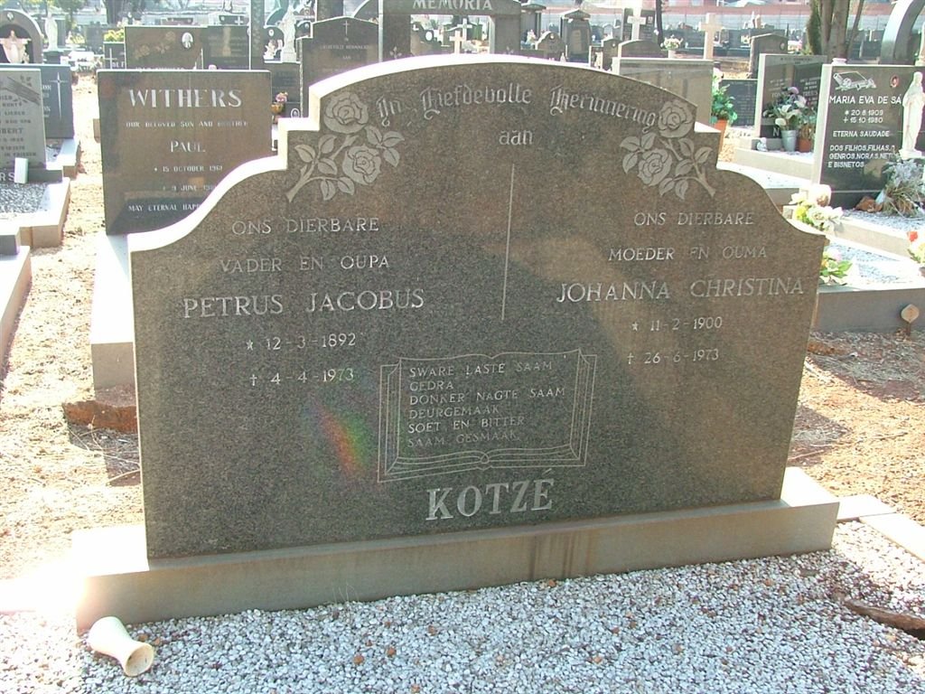 KOTZÉ Petrus Jacobus 1892-1973 &amp; Johanna Christina 1900-1973