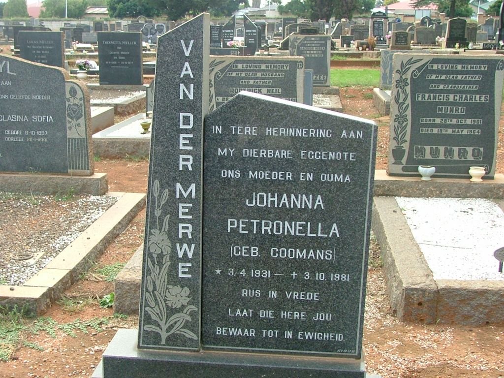 MERWE Johanna Petronella, van der nee COOMANS 1931-1981