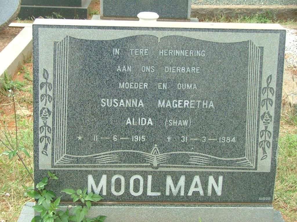 MOOLMAN Susanna Mageretha Alida nee SHAW 1915-1984