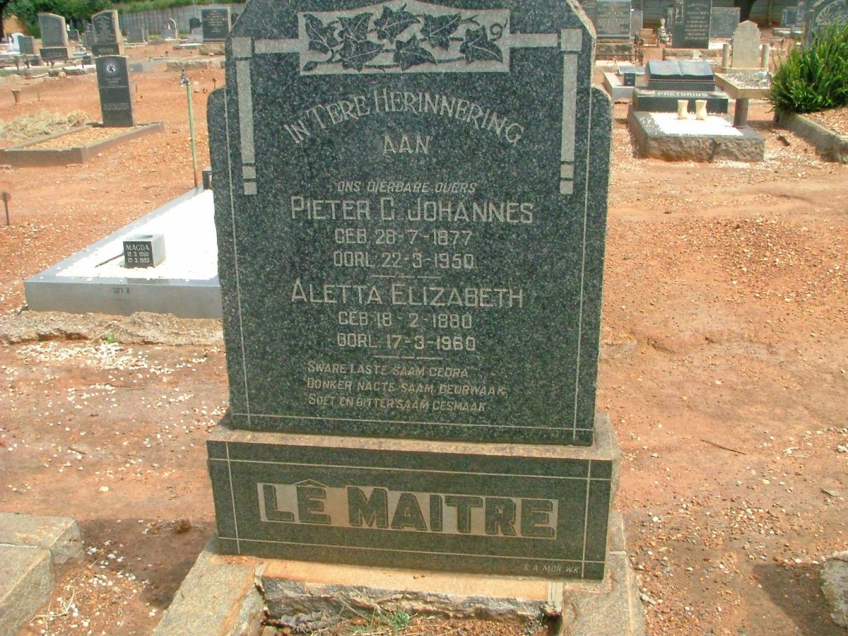 MAITRE Pieter G. Johannes, le 1877-1950 &amp; Aletta Elizabeth 1880-1960