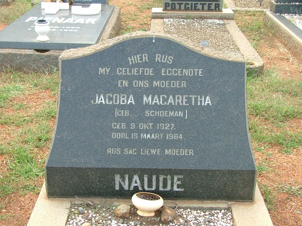 NAUDE Jacoba Margaretha nee SCHOEMAN 1927-1964