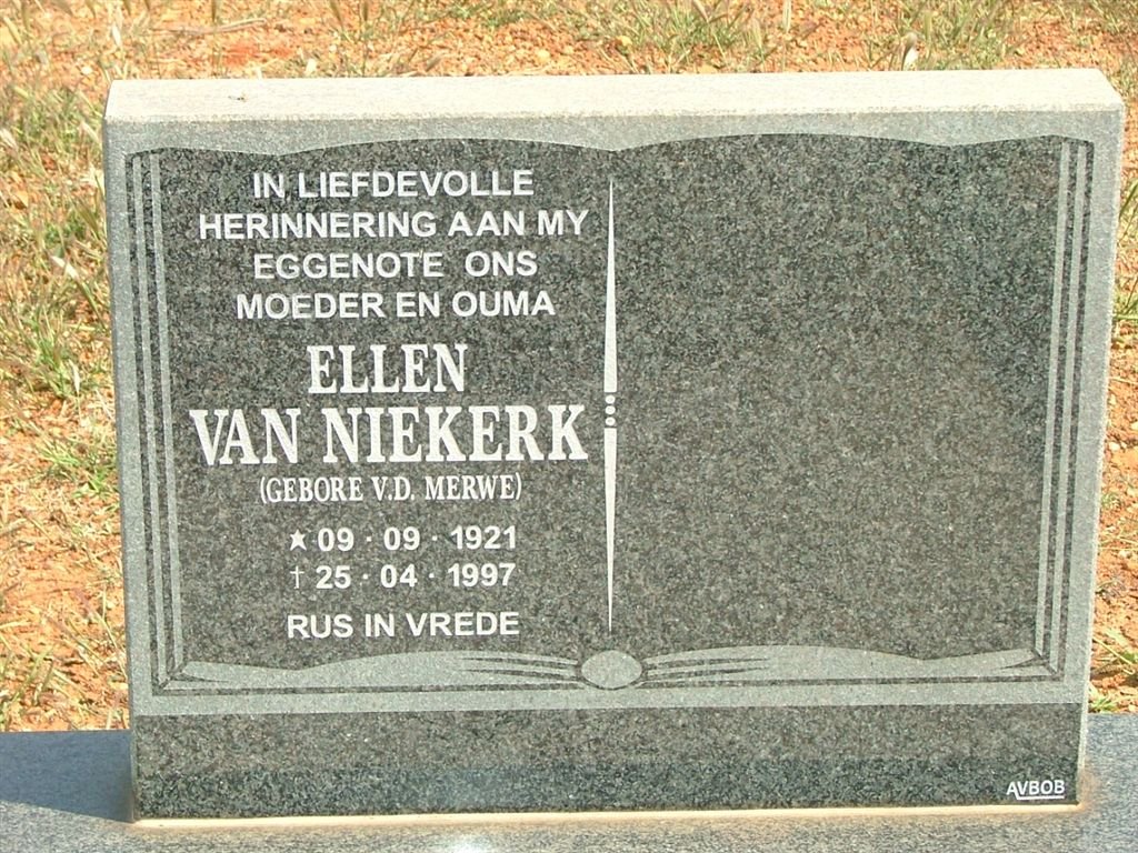 NIEKERK Ellen, van nee V.D. MERWE 1921-1997