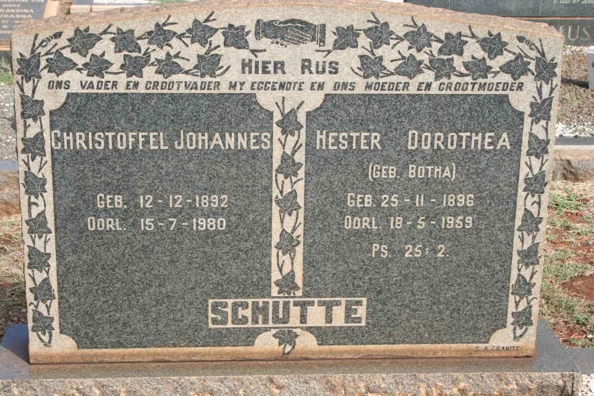 SCHUTTE Christoffel Johannes 1892-1980 &amp; Hester Dorothea BOTHA 1896-1959