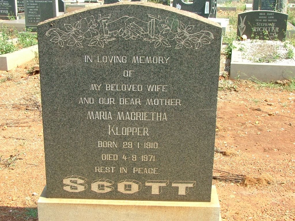 SCOTT Maria Magrietha nee KLOPPER 1910-1971