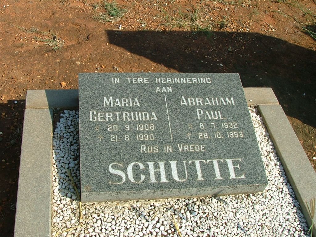 SCHUTTE Abraham Paul 1932-1993 &amp; Maria Gertruida 1908-1990