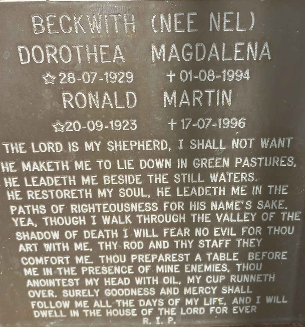 BECKWITH Ronald Martin 1923-1996 &amp; Dorothea Magdalena NEL 1929-1994