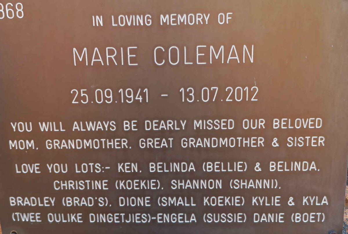 COLEMAN Marie 1941-2012