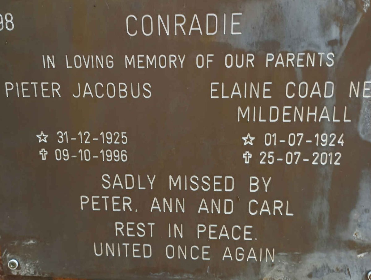 CONRADIE Pieter Jacobus 1925-1996 &amp; Elaine Coad N? MILDENHALL 1924-2012